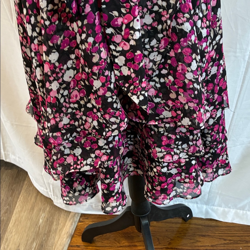White House Black Market Black and Pink Floral Ruffle Midi Dress - Picture 4 of 15